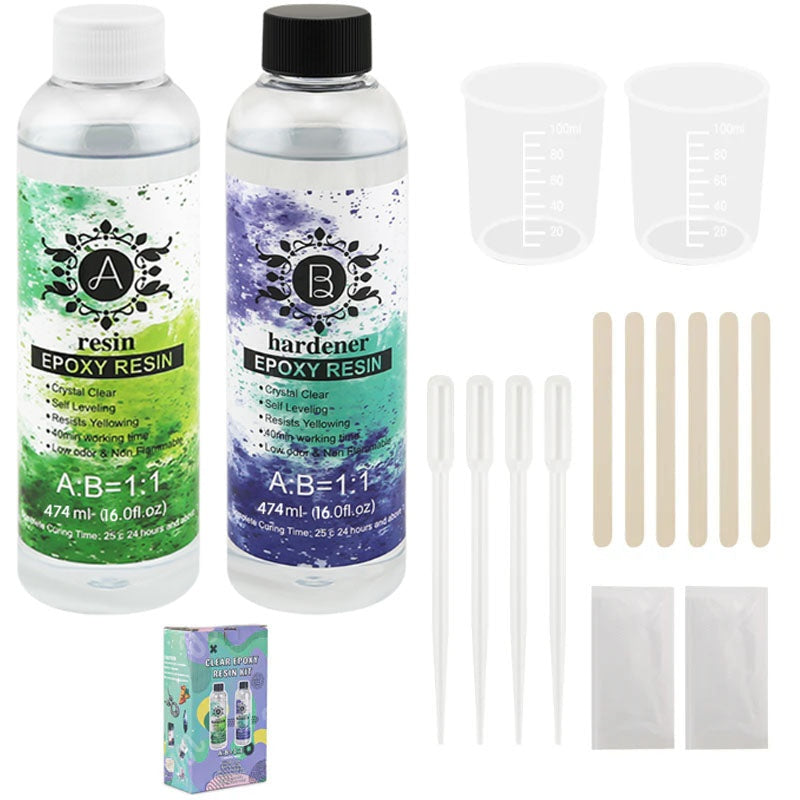 Epoxy Resin 1:1 1000ml Kit clear liquid in mixing cup