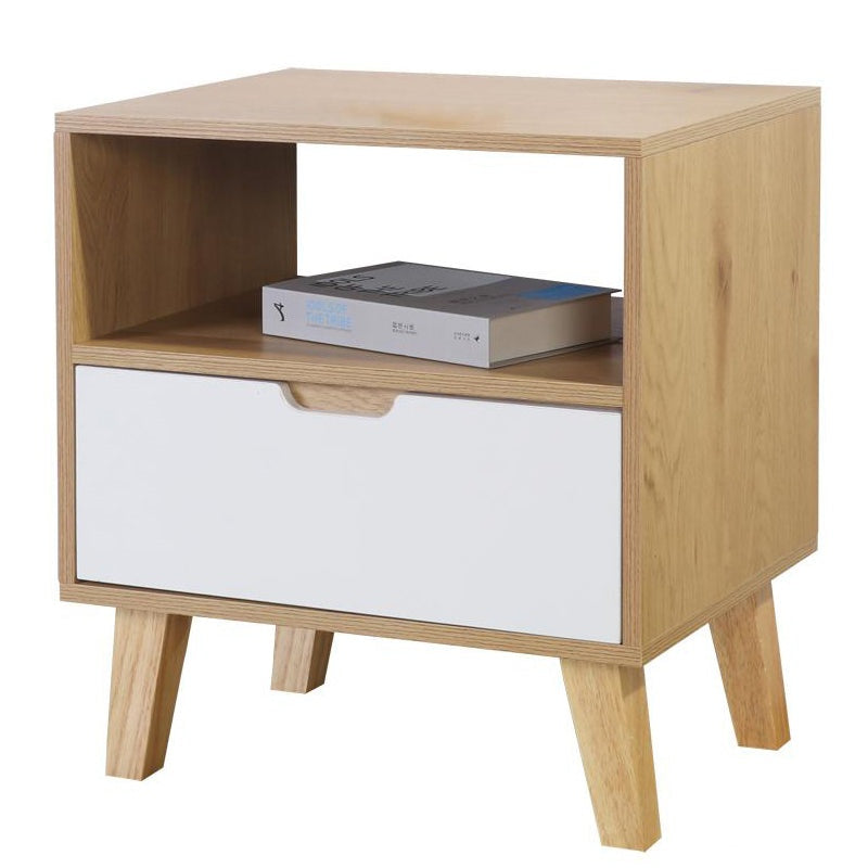 Bedside table with storage showing white and wood finish