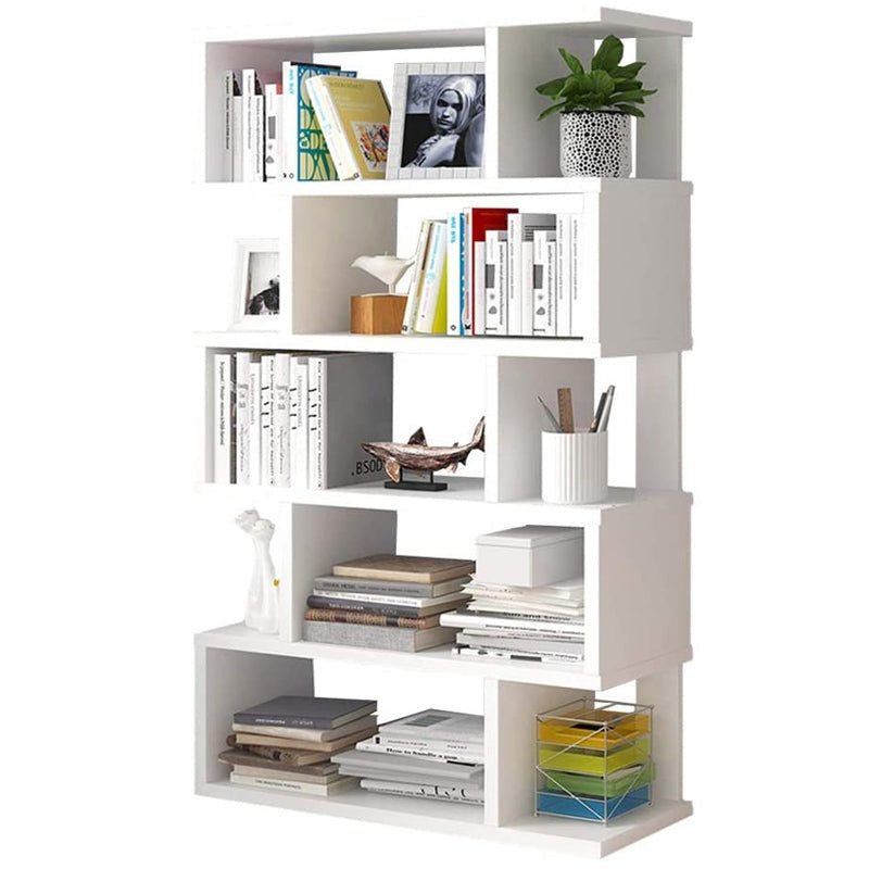 Bookshelf stack book case display unit showing full 5-layer wooden shelves
