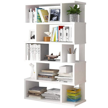 Bookshelf stack book case display unit showing full 5-layer wooden shelves