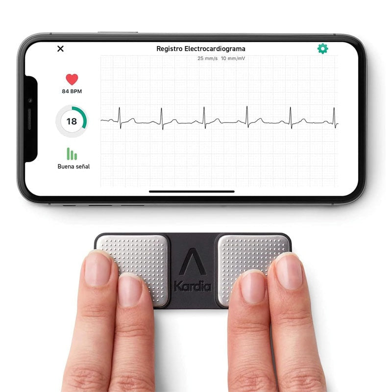 KardiaMobile personal ECG monitor showing front view with sensors