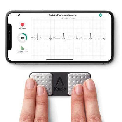 KardiaMobile personal ECG monitor showing front view with sensors