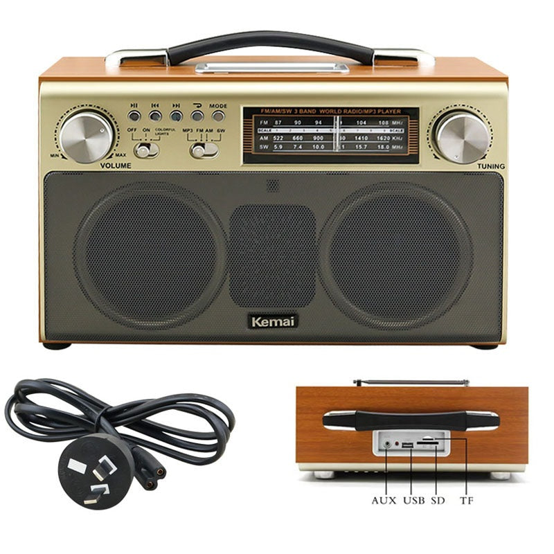FM radio speaker Bluetooth showing wood finish front view