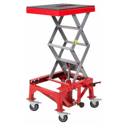 Hydraulic motorcycle lift jack side view showing red steel frame