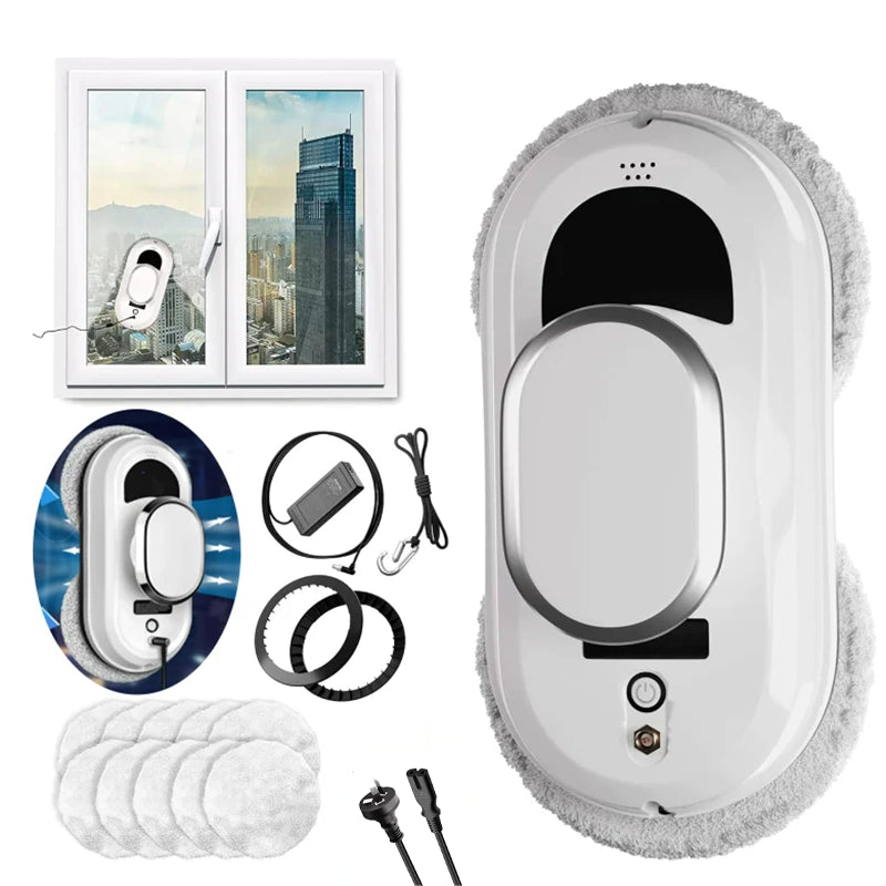 Window cleaner robot vacuum showing white body and control panel