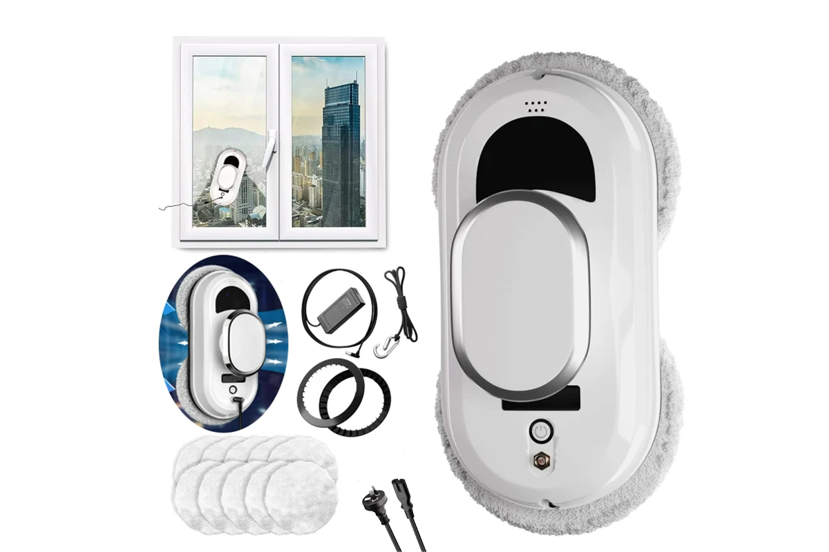 Close-up of window cleaner robot vacuum suction pads on glass