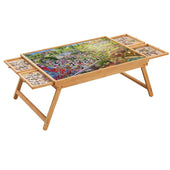 Puzzle table with wooden surface and folding legs