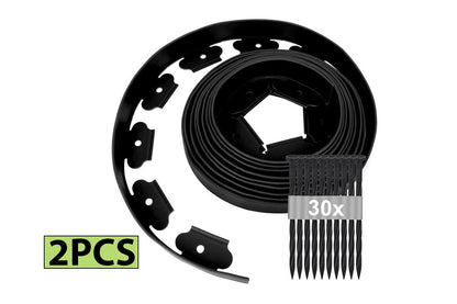 Close-up of black garden lawn edging showing flexible material