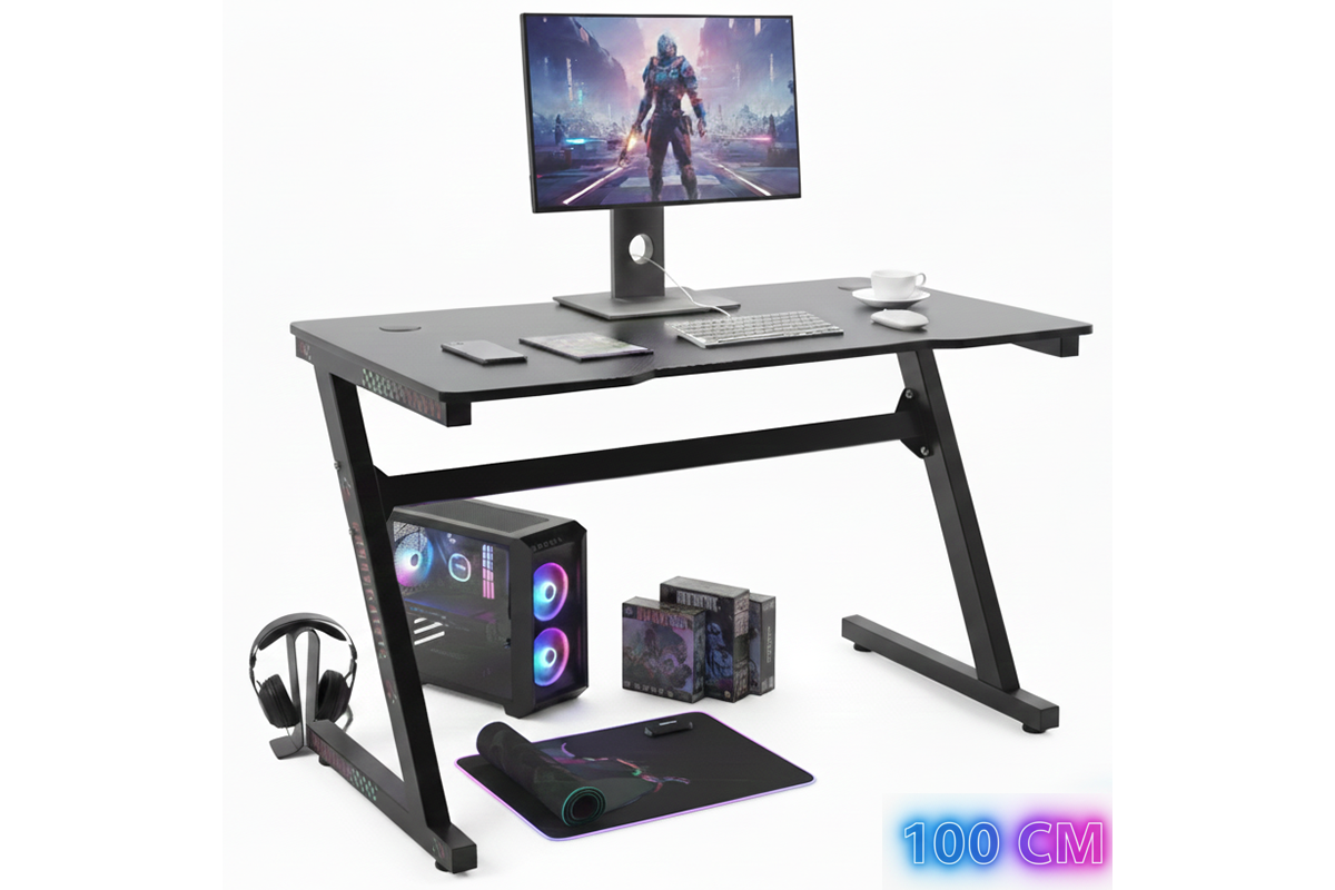 Side view of gaming desk table showing sturdy metal frame
