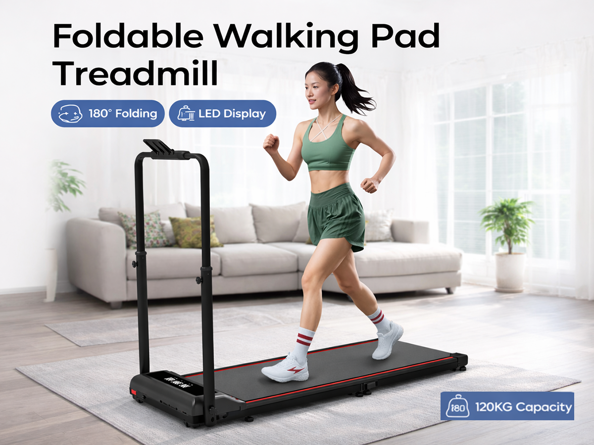 Side view of foldable walking pad treadmill in use
