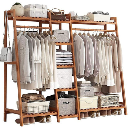 Bamboo wardrobe clothes rack natural wood finish front view