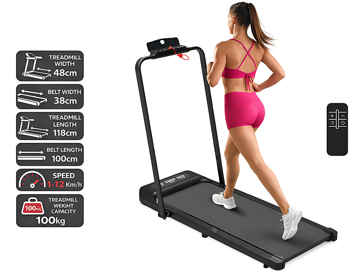 Top view of compact flat treadmill with wide 38cm belt