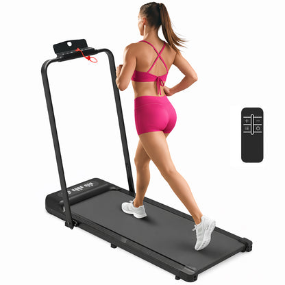 Compact flat treadmill side view showing slim foldable design