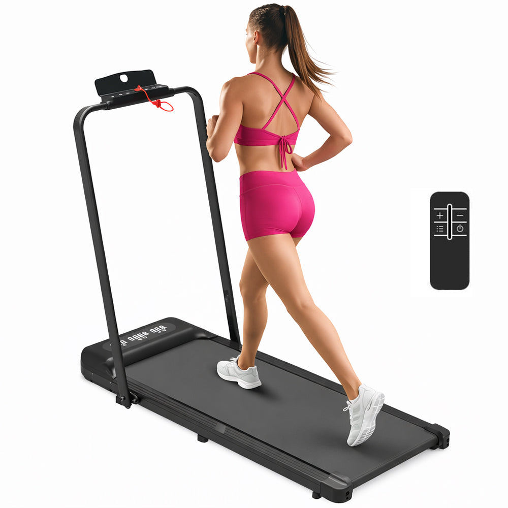 Walking treadmill exercise machine side view showing slim profile
