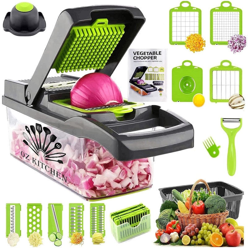 Vegetable chopper and slicer showing 15-in-1 functions