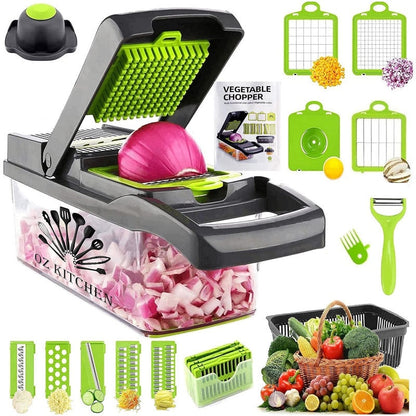 Vegetable chopper and slicer showing 15-in-1 functions