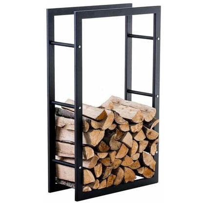 Firewood storage rack black metal frame side view