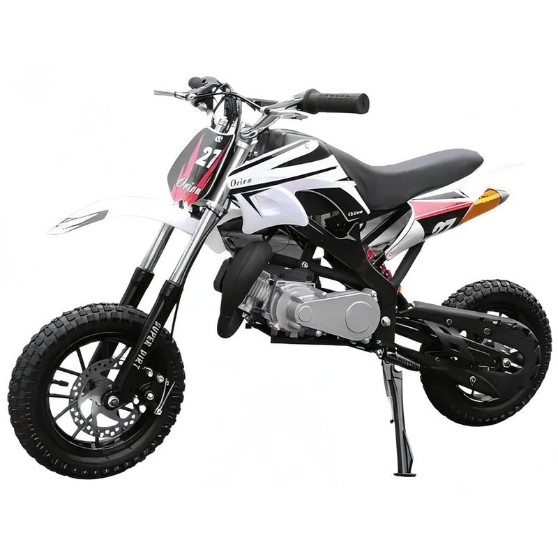 Mini Dirt Bike 49cc petrol side view showing white frame