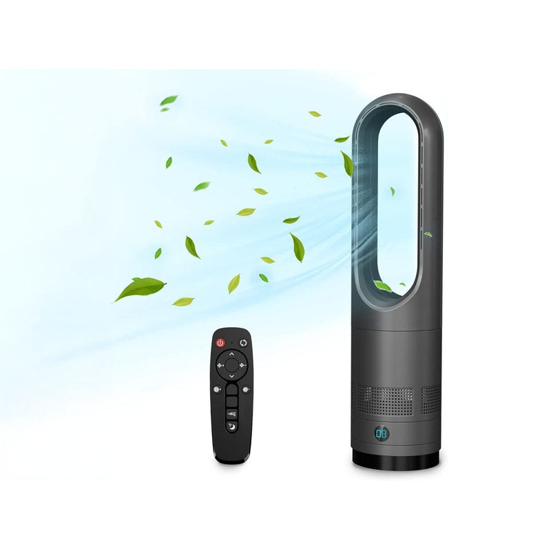 Bladeless fan tower fan in grey showing front view