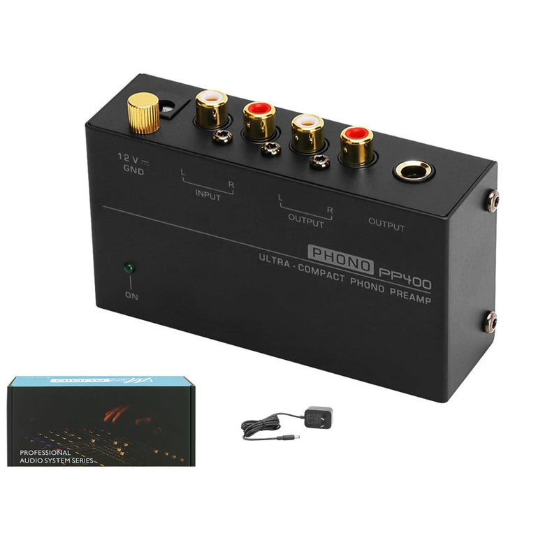Phono preamp PP400 front view showing black metal housing