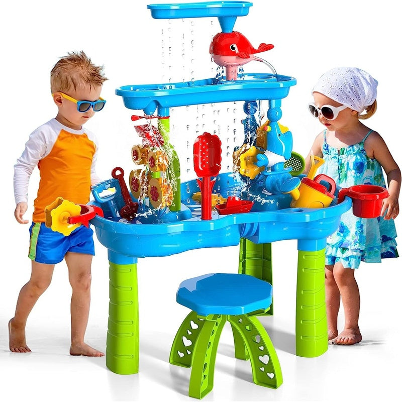 Outdoor sand and water table showing colourful three-tier design
