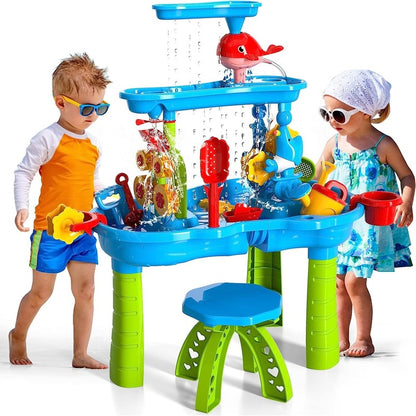 Outdoor sand and water table showing colourful three-tier design