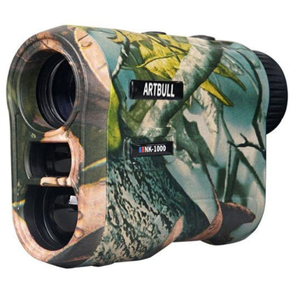 Golf range finder showing front lens and 6X magnification