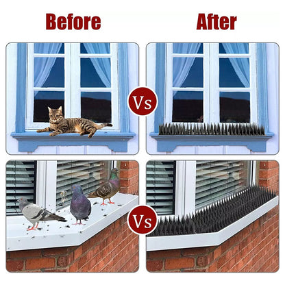 Black plastic fence spikes bird spikes protecting window sill