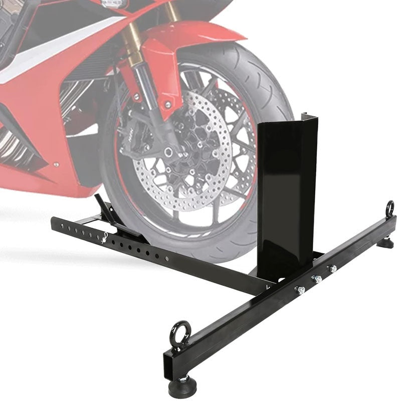 Motorcycle wheel chock bike stand side view showing adjustable width