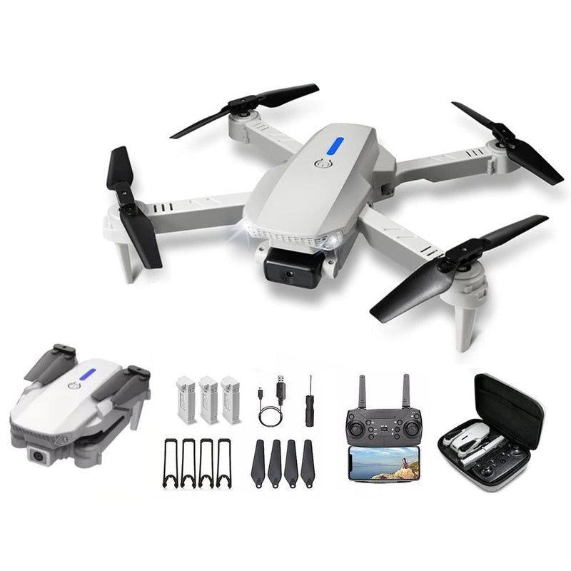 Drone with camera showing folded grey body for portability