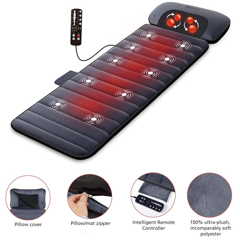 Massage mattress full body view showing heated plush fabric surface