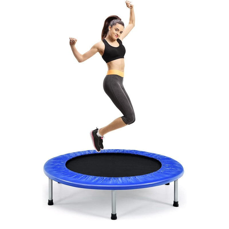 Mini trampoline rebounder showing blue jumping mat and steel frame