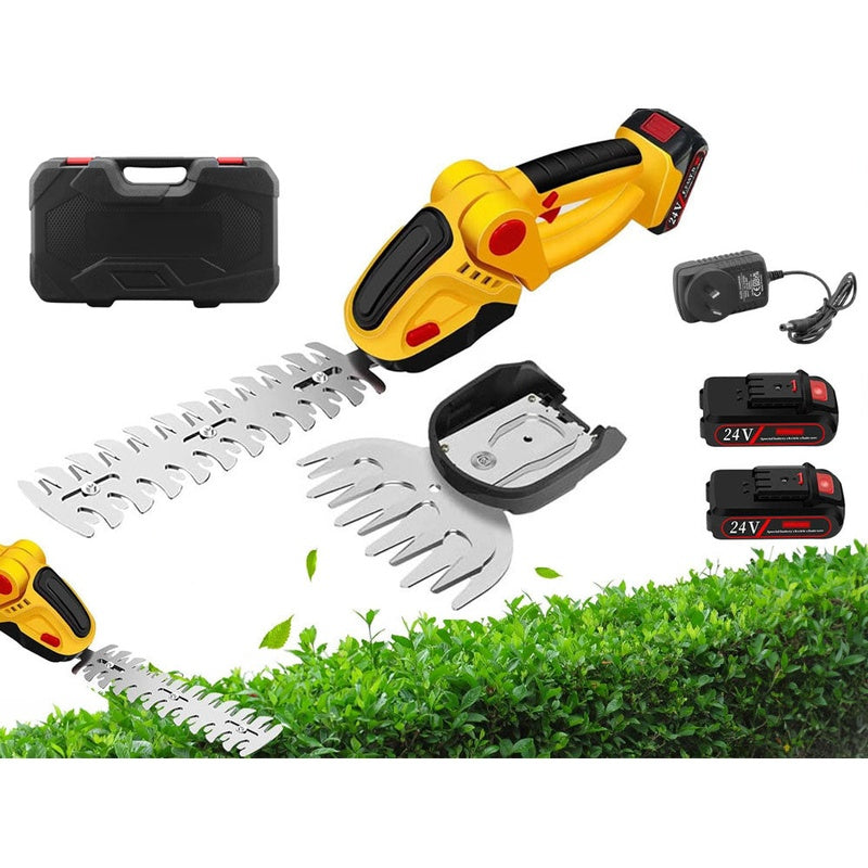Cordless hedge trimmer showing 24V motor and dual batteries
