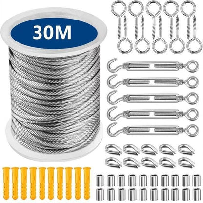 30m stainless steel wire rope cable kit coiled for storage