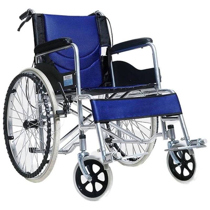 Side view of folding wheelchair showing blue frame and seat
