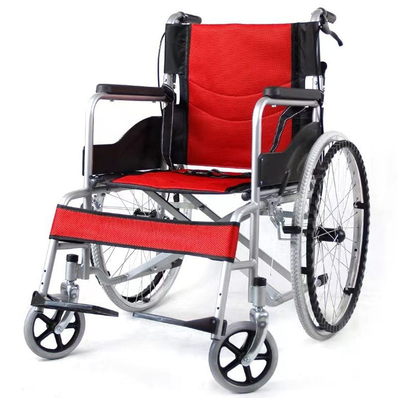 Self propelling folding wheelchair side view showing red frame