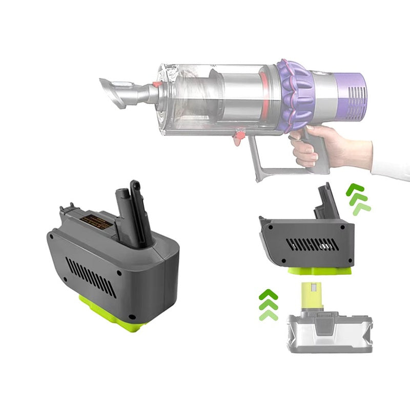 Dyson V10 battery adapter showing Ryobi 18V battery connection