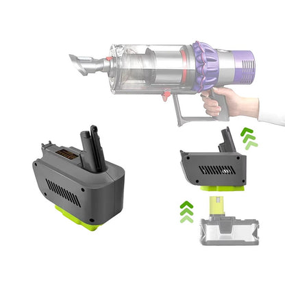Dyson V10 battery adapter showing Ryobi 18V battery connection