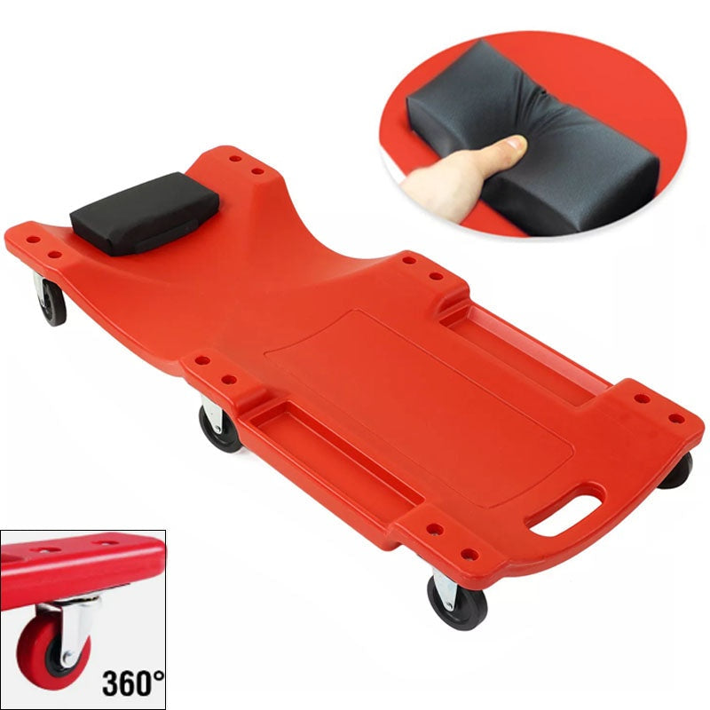 Garage creeper 40 inch showing red HDPE body from side angle