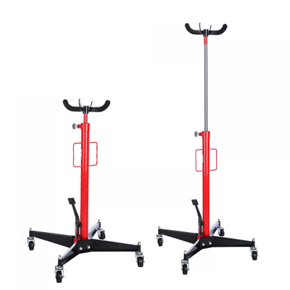 Transmission jack side view showing red steel frame