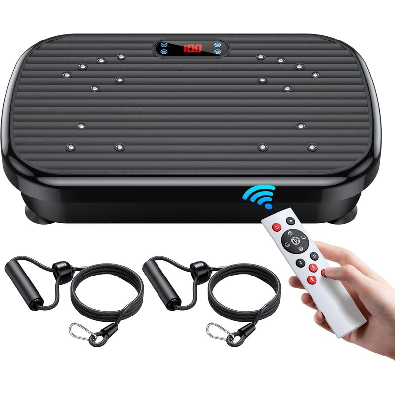 Vibration plate exercise machine showing compact black design