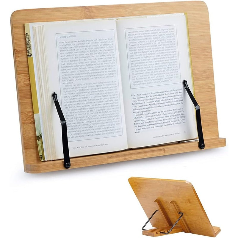Adjustable reading book stand in pine wood showing front view
