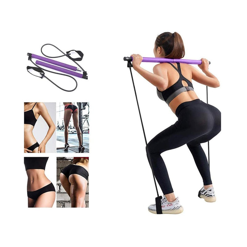 Portable Pilates bar kit showing purple resistance band and foam handles