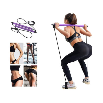 Portable Pilates bar kit showing purple resistance band and foam handles