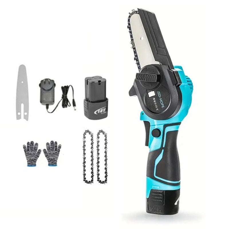 Mini chain saw cordless 4 inch showing front cutting blade