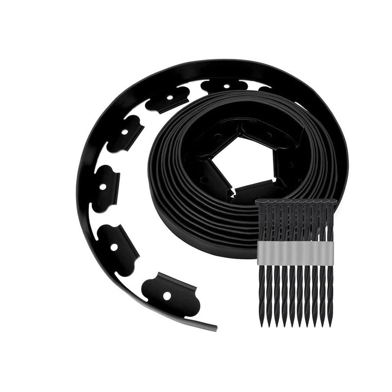 Garden lawn edging showing flexible black plastic material