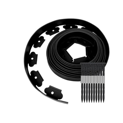 Garden lawn edging showing flexible black plastic material