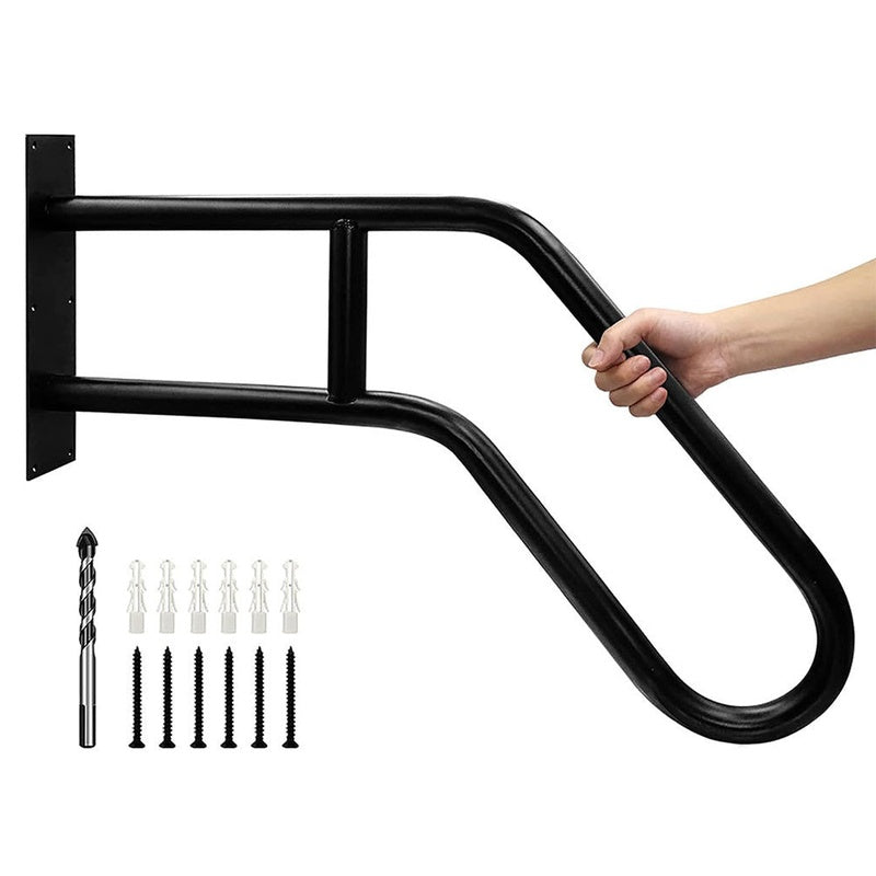 Outdoor wall handrail showing matte black wrought iron finish