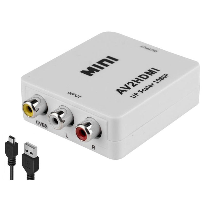 AV to HDMI converter front view showing RCA input ports