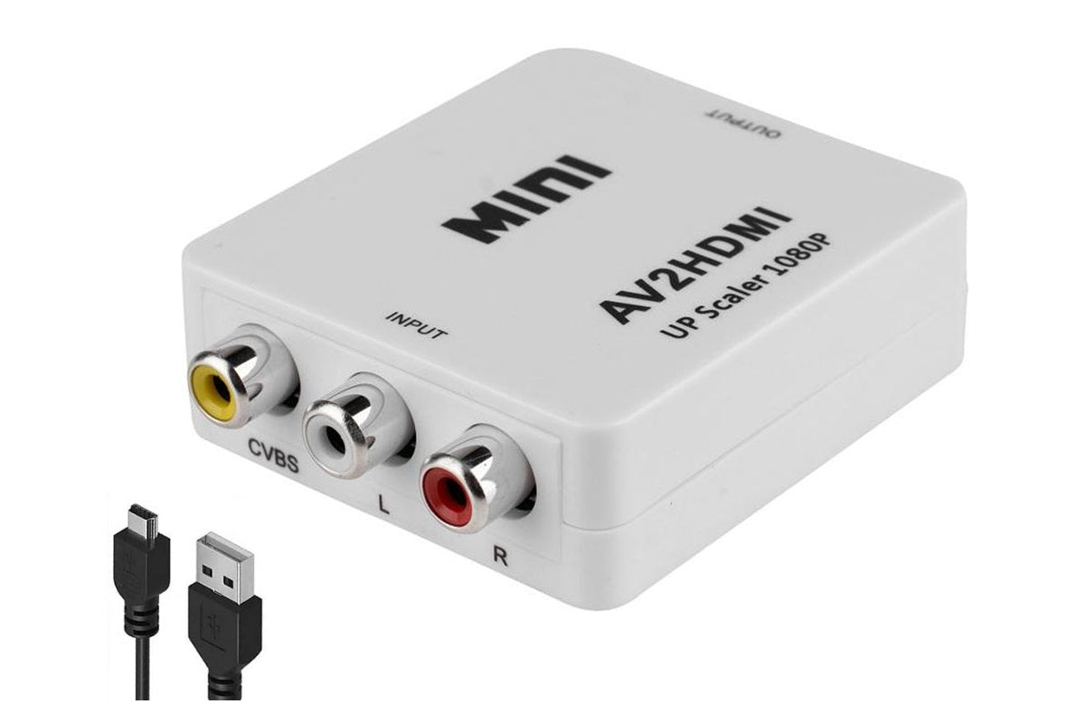 Side angle of AV to HDMI converter with USB power cable attached